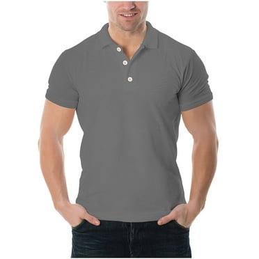 LODIENY Mens Golf Polo Shirts Short Sleeve Casual Banded Bottom Stretch Classic Fit Solid Knit Button up Athletic Workout T-Shirts Dark Gray M