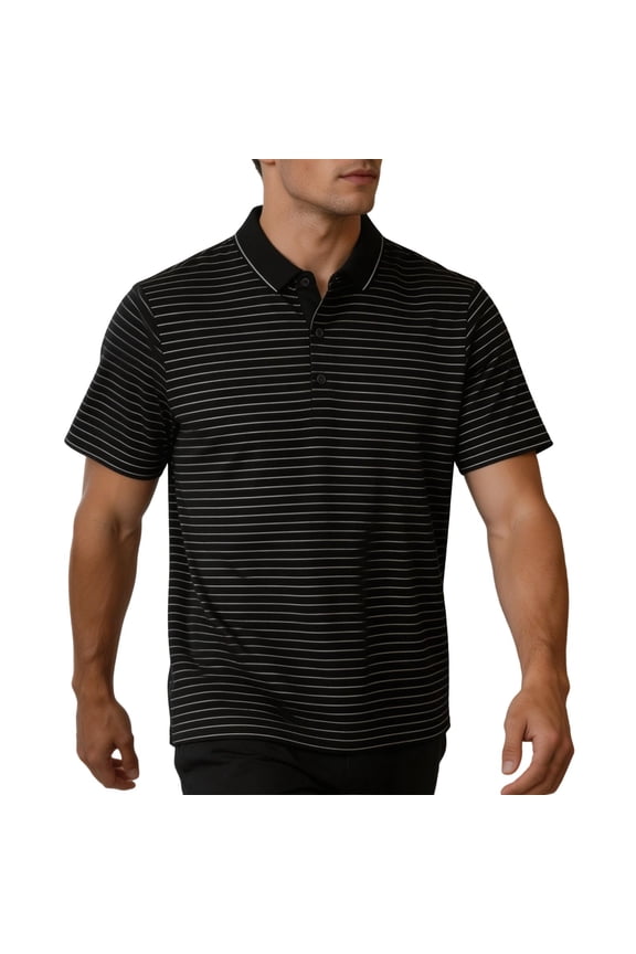 Mens Golf Shirts Short Sleeve Striped Collared Casual Work Tops Performance Moisture Wicking Button Down Shirt Black S