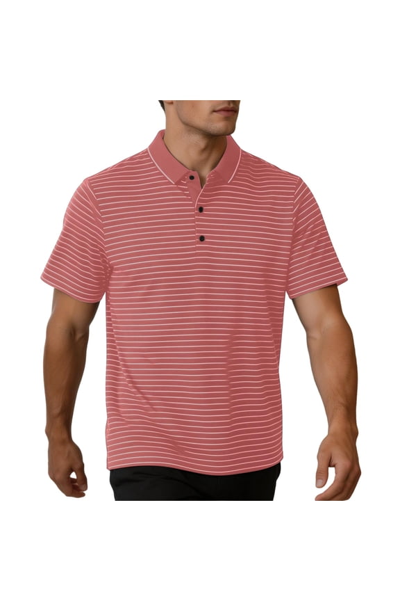 Mens Golf Shirts Short Sleeve Striped Collared Casual Work Tops Performance Moisture Wicking Button Down Shirt Red M