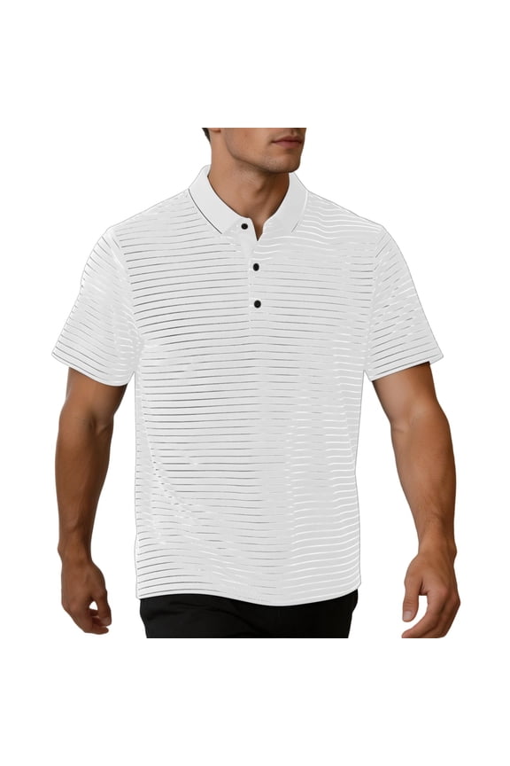 Mens Golf Shirts Short Sleeve Striped Collared Casual Work Tops Performance Moisture Wicking Button Down Shirt White S