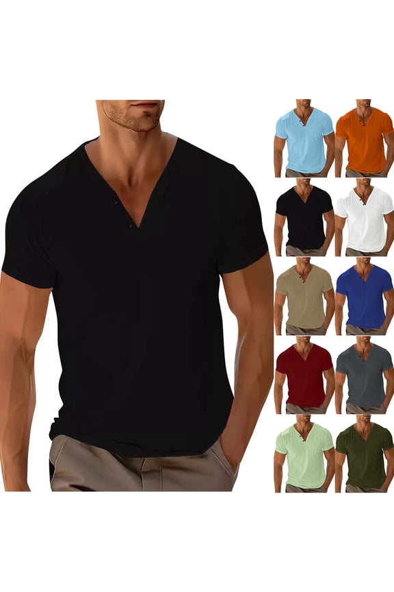 Mens Henley Shirts Casual Button V Neck Summer Short Sleeve Muscle Fit Basic Workout T-Shirts Trendy Solid Color Athletic Gym Tees Tops Sky Blue XXL