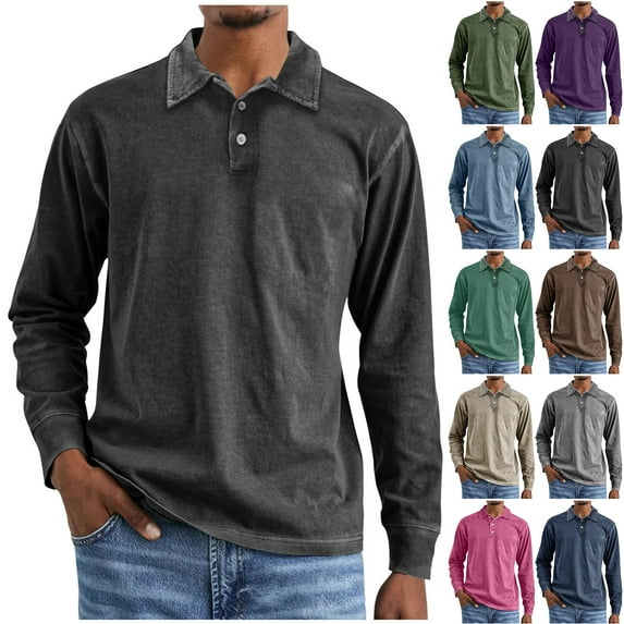 LODIENY Mens Henley Shirts Loose Regular Fit Casual Classic Long Sleeve Button Collared T-Shirts Vintage Solid Basic Golf Shirts Gray S
