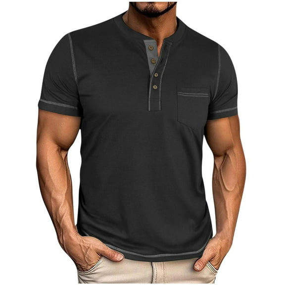 LODIENY Mens Henley Shirts Short Sleeve Casual Solid Color Button T-Shirts Basic Tee Shirts Summer Vintage T Shirts with Pocket Black XL