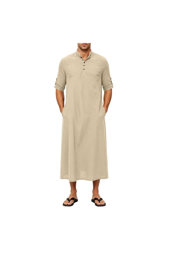 Mens Kaftan Thobe Button Down Short Sleeve Band Neck Casual Gown Shirts Robe Casual Muslim Gown Kurta Khaki S