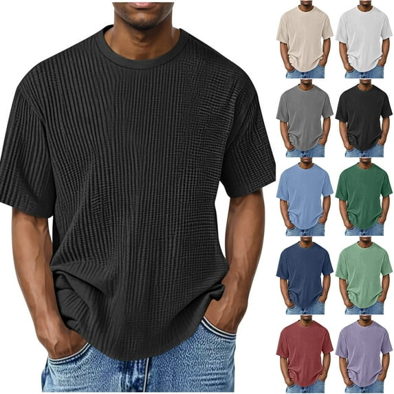 LODIENY Mens Knit Waffle T Shirt Casual Textured Crewneck Athletic Workout Tees Solid Color Short Sleeve Fall Breathable Stylish Shirts Tops White S