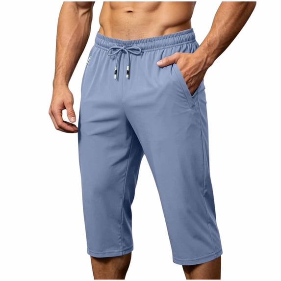 LODIENY Mens Large Size (M-5XL) Straight Leg Capri Pants Loose Fit Lightweight Breathable Drawstring Casual Sweatpants with Zipper Pockets Blue M