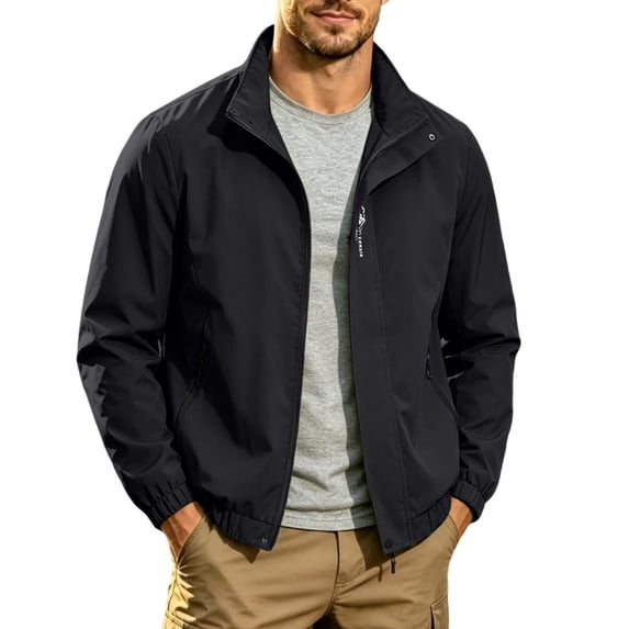 LODIENY Mens Lightweight Jackets Full Zip Up Light Stretch Coat Laydown Collar Jacket Casual Windbreaker with Zip Pockets Black XXXXL
