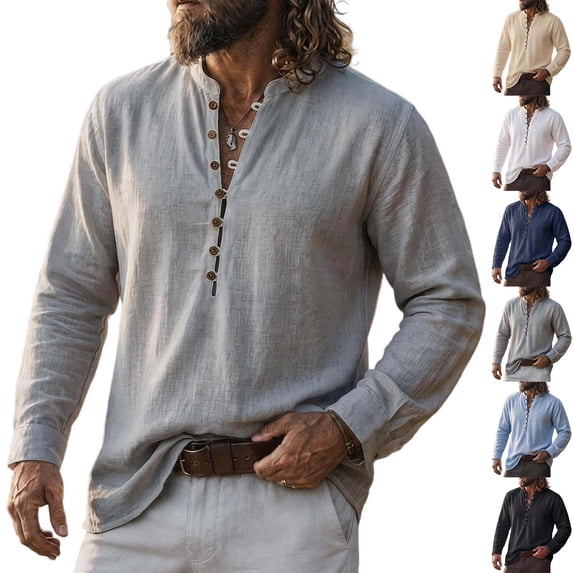 LODIENY Mens Linen Henley Shirts Casual Lightweight Loose Fit T Shirt Long Sleeve Banded Collar Half Button Down Vintage Beach Tops Black XXL