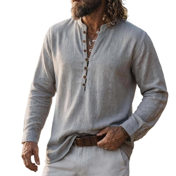 LODIENY Mens Linen Henley Shirts Casual Lightweight Loose Fit T Shirt Long Sleeve Banded Collar Half Button Down Vintage Beach Tops Gray L