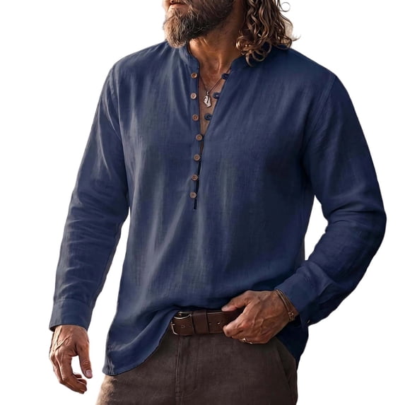 LODIENY Mens Linen Henley Shirts Casual Lightweight Loose Fit T Shirt Long Sleeve Banded Collar Half Button Down Vintage Beach Tops Navy M