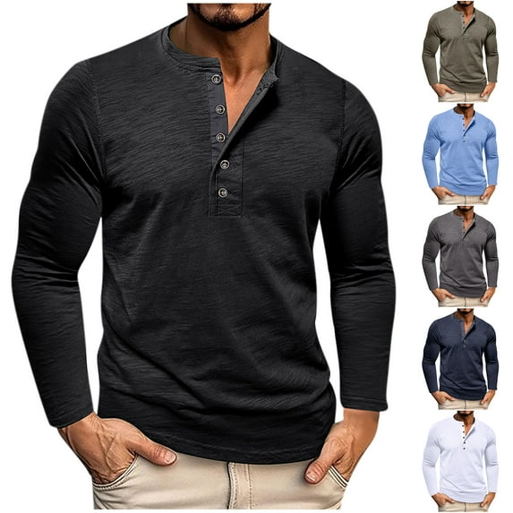 LODIENY Mens Long Sleeve Henley Shirts Casual Solid Color Button T-Shirts Lightweight Basic Athletic Workout Tees Shirt Tops Blue XXXL