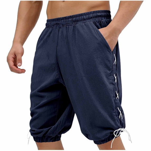 LODIENY Mens Medieval Pirate Linen Cropped Pants Viking Retro Design Trousers Relaxed Fit Stretch Tapered Pants for Halloween Theme Party Costume Pla ect Navy S