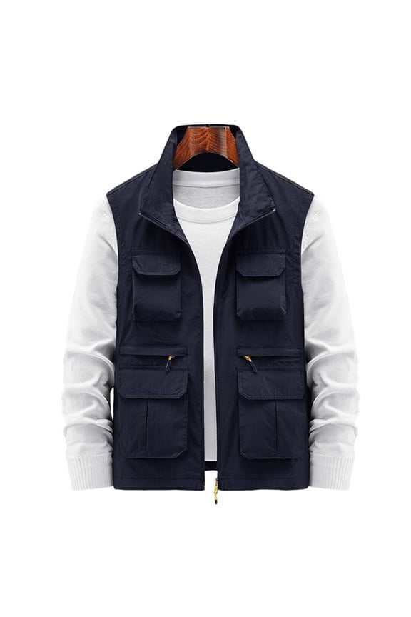 Mens Outdoor Vest with Multi Pockets Stand Neck Full Zip Sleeveless Summer Fishing Tank Tops Utility Lightweight Travel Photography Casual Gilet Dark Blue M