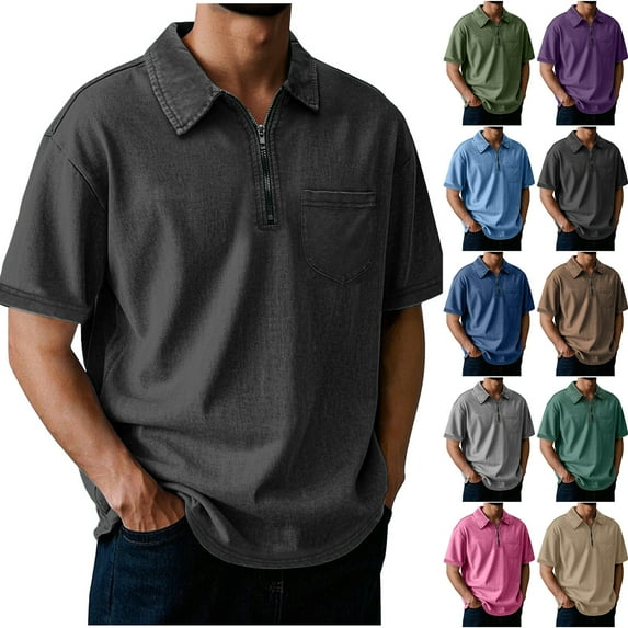 LODIENY Mens Polo Shirts Quarter Zip Shirts Vintage Casual Classic Lightweight Short Sleeve Golf Collared T-Shirt Tops with Pocket Green XL