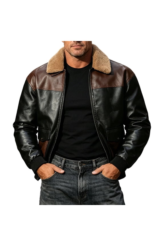 Mens Removable Faux Shearling Collar Bomber Jacket Vintage Collared Color Block Leather Motorcycle Jackets for Fall Winter with Pockets Brown L