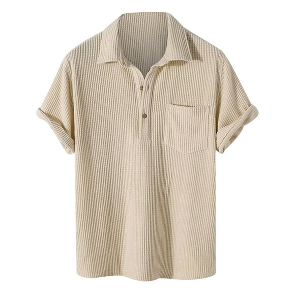 LODIENY Mens Ribbed Henley Shirts Regular Fit Casual Summer Short Sleeve Solid Color Half Button up Beach Vacation Holiday T-Shirts Beige L