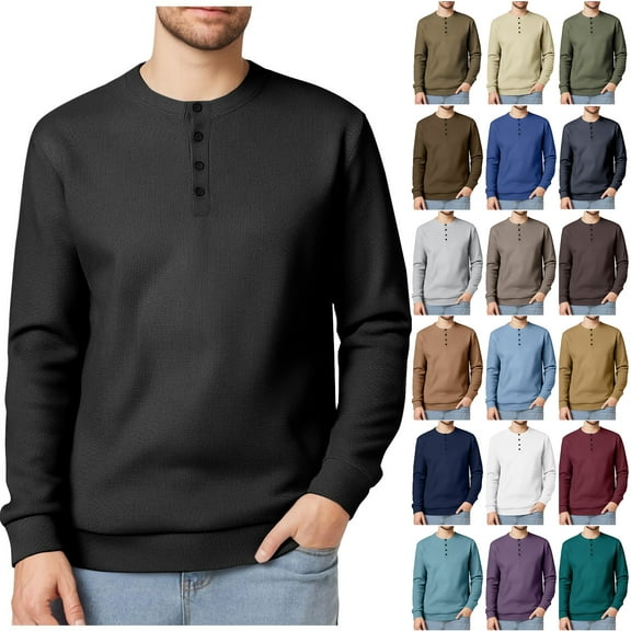 LODIENY Mens Ribbed Striped Knit T-Shirts Lightweight Casual 1/4 Button Neckline Long Sleeve Pullover Sweatshirts Trendy Solid Color Waffle Texture Fashion Henley Sweater Tops Dark Brown L