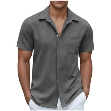 LODIENY Mens Short Sleeve Button Down Hawaiian Shirt Beach Vacation Casual Solid Color Untucked Summer Shirt with Pocket Dark Gray M