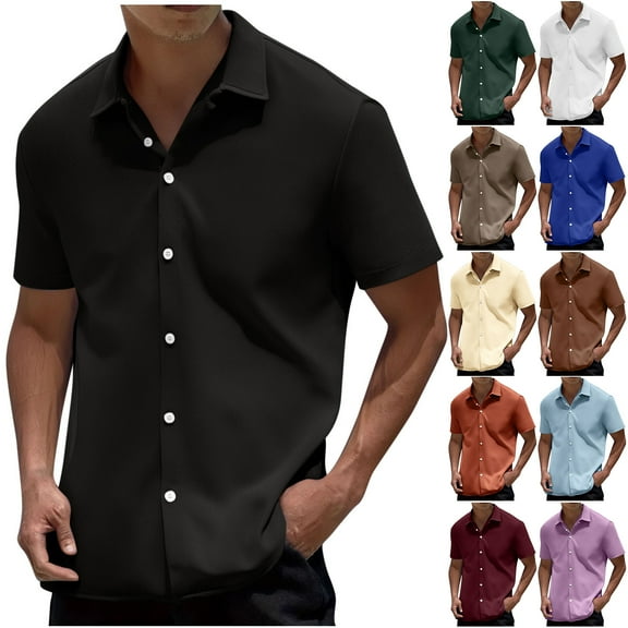 LODIENY Mens Short Sleeve Dress Shirts Wrinkle Free Casual Stretch Button Down Business Shirts Summer Untucked Dress Shirt Wedding Prom Tops Orange XL