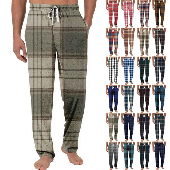 LODIENY Mens Soft Cotton Plaid Pajamas Pants Loose Regular Fit Casual Drawstring Elastic Waist Baggy Sleep Lounge Pants with Pockets Khaki XXL