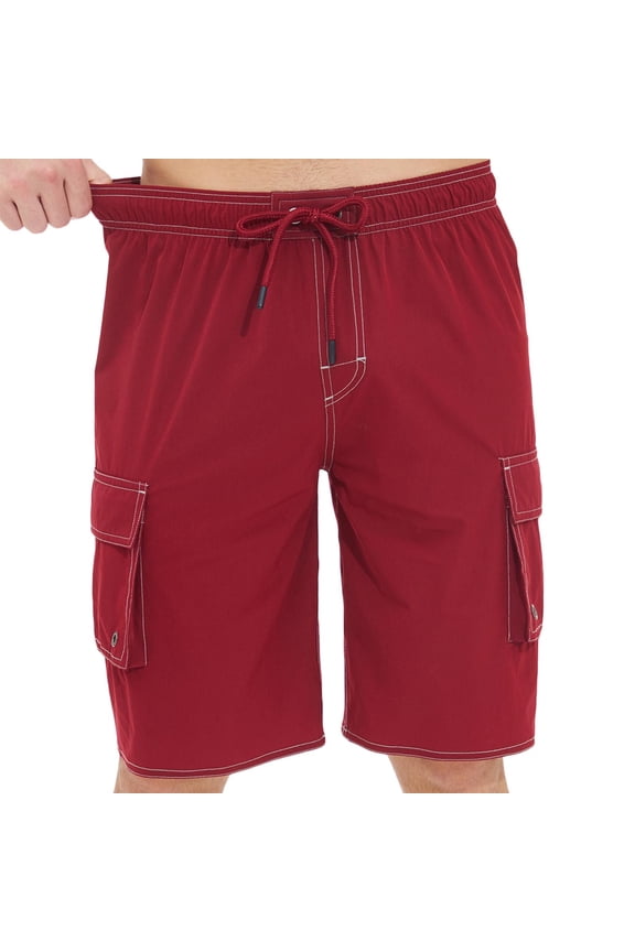 Mens Swim Trunks Lined Quick-Dry Elastic Waist Drawstring Stretch Beach Shorts Lightweight Relaxed Fit Short Pants with Multi Pockets Red M