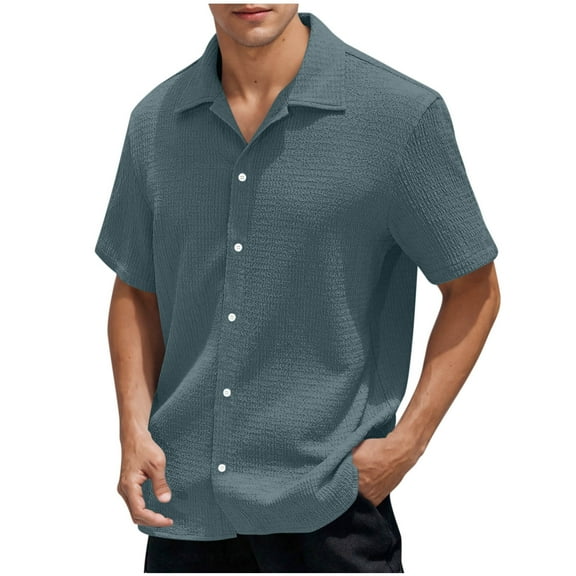 LODIENY Mens Textured T-Shirts Casual Summer Short Sleeve Regular Fit Solid Color Button Down Beach Hawaiian Vacation Tees Shirt Tops Navy XXL