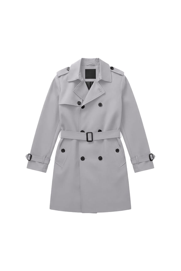 Mens Trench Coat Slim Fit Double Breasted Longline Jacket Notched Lapel Collar Belt Fall Windbreaker Coat with Pockets Gray S
