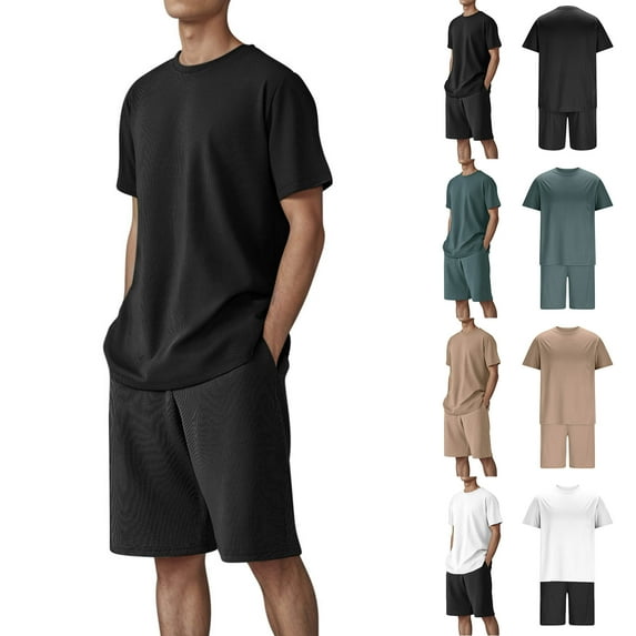 LODIENY Mens Two Piece Outfits Casual Summer Short Sleeve Waffle Knit Tracksuit Trendy Crew Neck Basic Workout T-Shirts and Shorts Set with Pockets Khaki S
