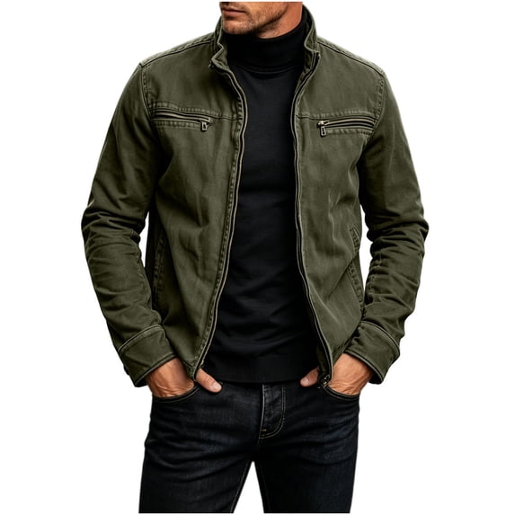 LODIENY Mens Vintage Cargo Jacket with Zipper Pockets Long Sleeve Stand Neck Full Zip Casual Windbreaker Coat Army Green XL