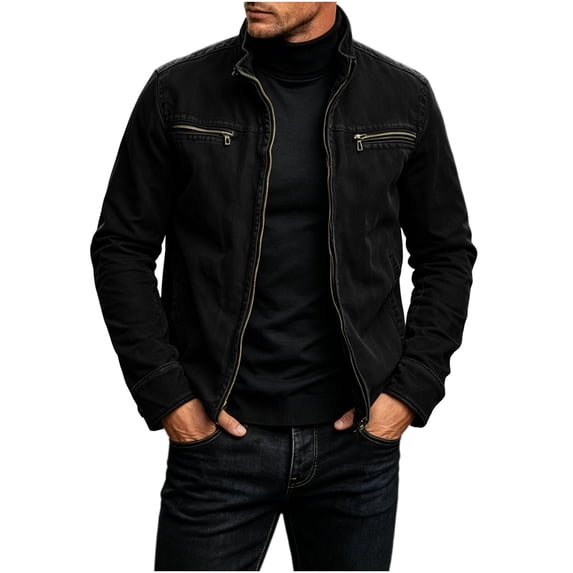 LODIENY Mens Vintage Cargo Jacket with Zipper Pockets Long Sleeve Stand Neck Full Zip Casual Windbreaker Coat Black XL