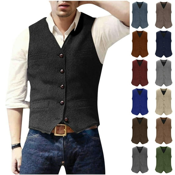 LODIENY Mens Vintage Tweed Suit Vest Sleeveless Retro V Neck Casual Wool Waistcoat for Wedding Groomsmen Men's Slim Fit Formal Vest Black L