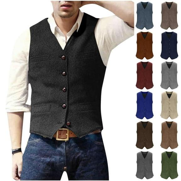 LODIENY Mens Vintage Tweed Suit Vest Sleeveless Retro V Neck Casual Wool Waistcoat for Wedding Groomsmen Men's Slim Fit Formal Vest Black L