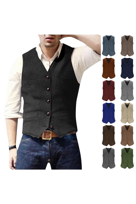 Mens Vintage Tweed Suit Vest Sleeveless Retro V Neck Casual Wool Waistcoat for Wedding Groomsmen Men's Slim Fit Formal Vest Blue L