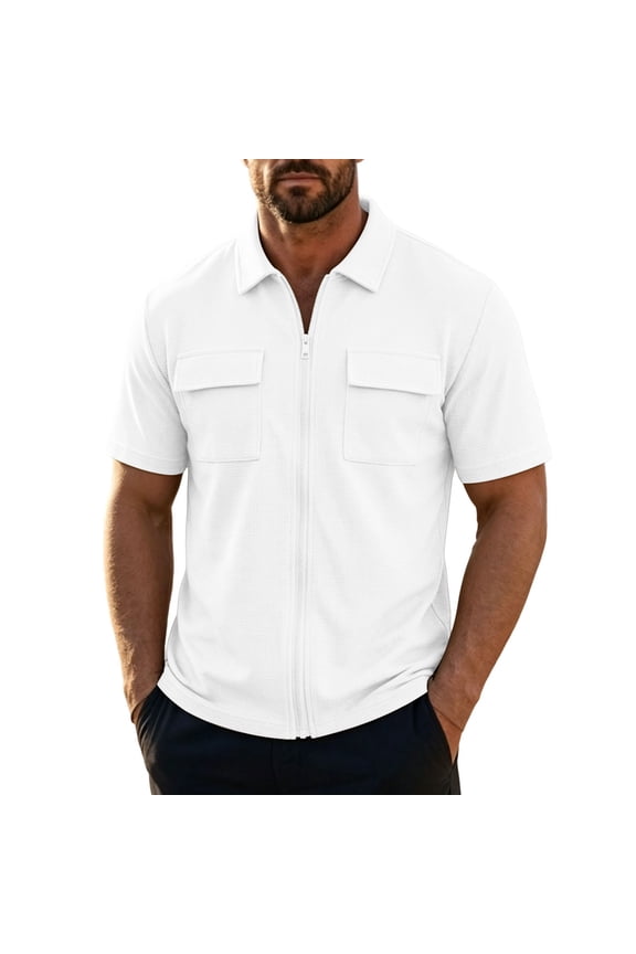 Mens Waffle Cargo Shirts Full Zip Button Down Short Sleeve Shirt Regular Fit Collared Work Athletic Shirts with Two Pockets White XL