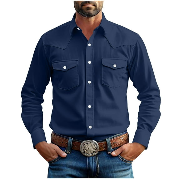 LODIENY Mens Western Cowboy Shirts Button Up Shirts Big and Tall Classic Fit Summer Long Sleeve Work Shirts for Men with Two Pockets Navy M