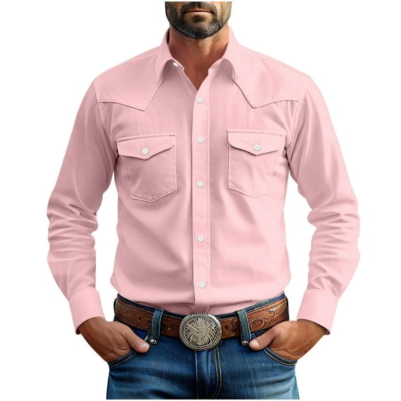 LODIENY Mens Western Cowboy Shirts Button Up Shirts Big and Tall Classic Fit Summer Long Sleeve Work Shirts for Men with Two Pockets Pink L
