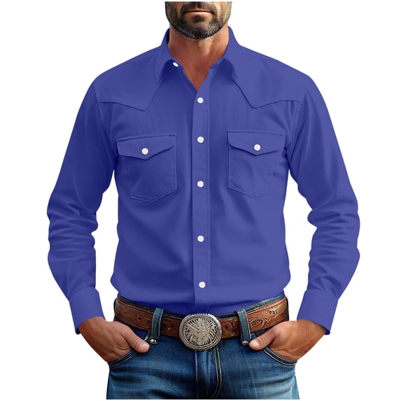 LODIENY Mens Western Cowboy Shirts Button Up Shirts Big and Tall Classic Fit Summer Long Sleeve Work Shirts for Men with Two Pockets Z-Dark Blue M