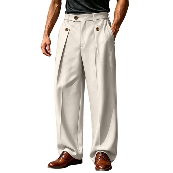 LODIENY Mens Wide Leg Baggy Dress Pants Button Decorative Pleated Slacks Work Business Suit Trousers with Pockets Beige M