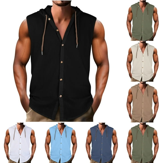 LODIENY Mens Workout Hooded Tank Tops Lightweight Thin Summer Sleeveless Cotton Linen Drawstring Athletic Hooded T-Shirts Army Green L