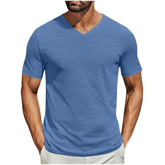 LODIENY Muscle T-Shirts for Men Loose Regular Fit Casual Summer Short Sleeve V Neck Solid Color Basic Workout Tees Shirt Trendy Soft Cotton Pullover Tops Blue L