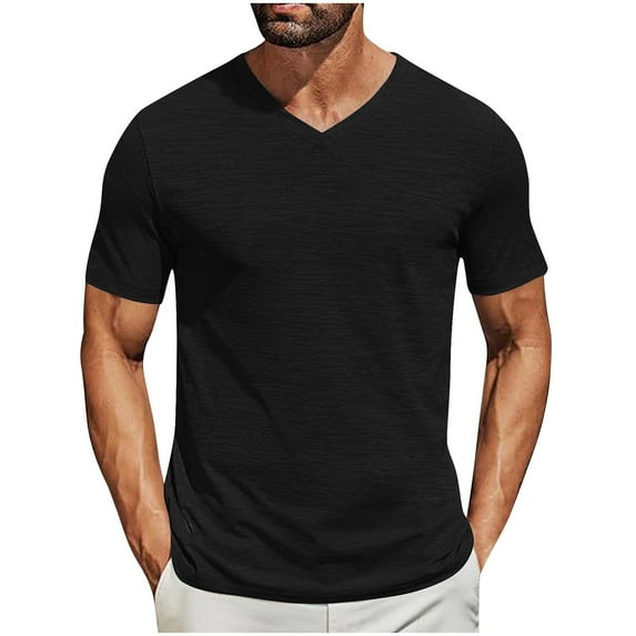 LODIENY Muscle T-Shirts for Men Loose Regular Fit Casual Summer Short Sleeve V Neck Solid Color Basic Workout Tees Shirt Trendy Soft Cotton Pullover Tops Black S