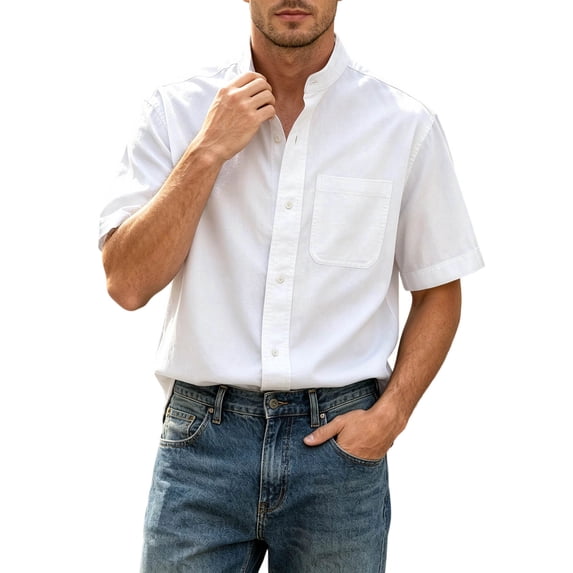 LODIENY Oversized 5XL Button Down Shirts for Men with Pocket Short Sleeve Casual Stylish Shirt Loose Fit Band Neck Summer Beach Wedding Tops White L
