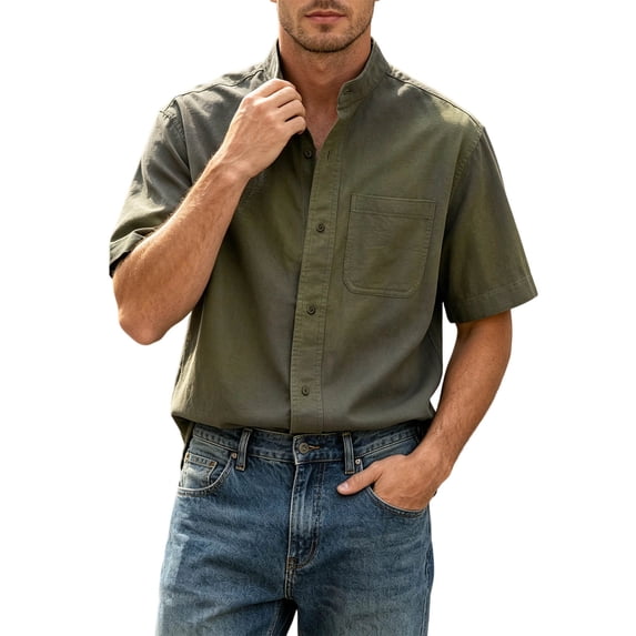LODIENY Oversized 5XL Button Down Shirts for Men with Pocket Short Sleeve Casual Stylish Shirt Loose Fit Band Neck Summer Beach Wedding Tops Army Green XXL