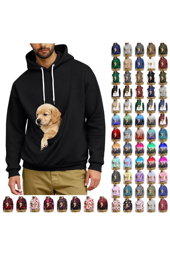 Pet Pouch Hoodie Men Giant Kangaroo Pouch Hoodies Pocket Cute Puppy Cat Care Hooded Sweatshirts Fashion Dog Carrier Pullover Unisex Animal Holder Tops (Plaid) XL