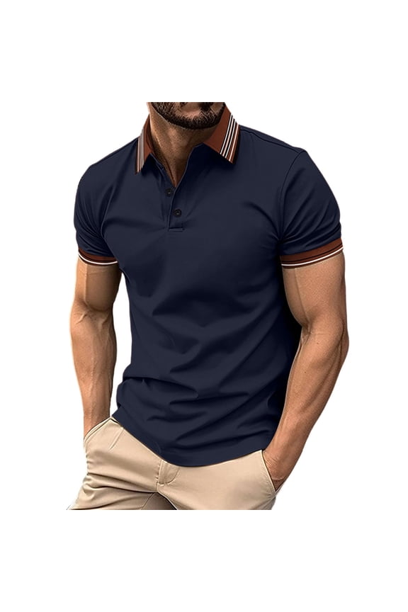 Regular Fit Shirts for Men Casual Short Sleeve Button Down Collared Athletic T-Shirt Classic Fit Contrast Collar Tops Navy XL