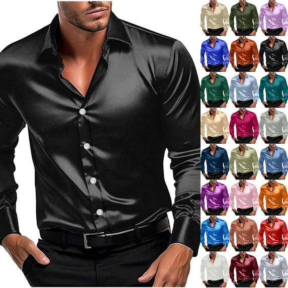 LODIENY Satin Silk Mens Dress Shirts Long Sleeve Button Up Shirt Wedding Party Prom Shirt Casual Slim Fit Muscle Work Business T-Shirts Brown M