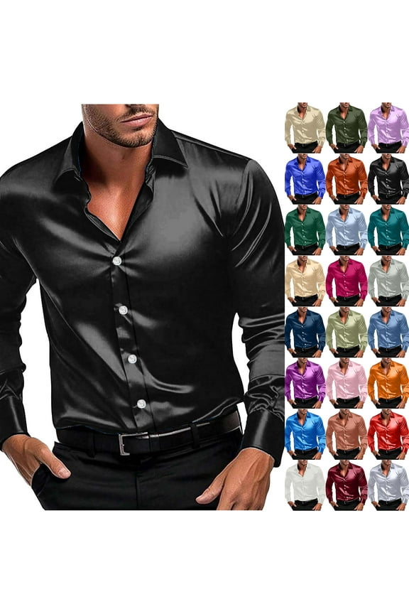 Satin Silk Mens Dress Shirts Long Sleeve Button Up Shirt Wedding Party Prom Shirt Casual Slim Fit Muscle Work Business T-Shirts Silver XXXL
