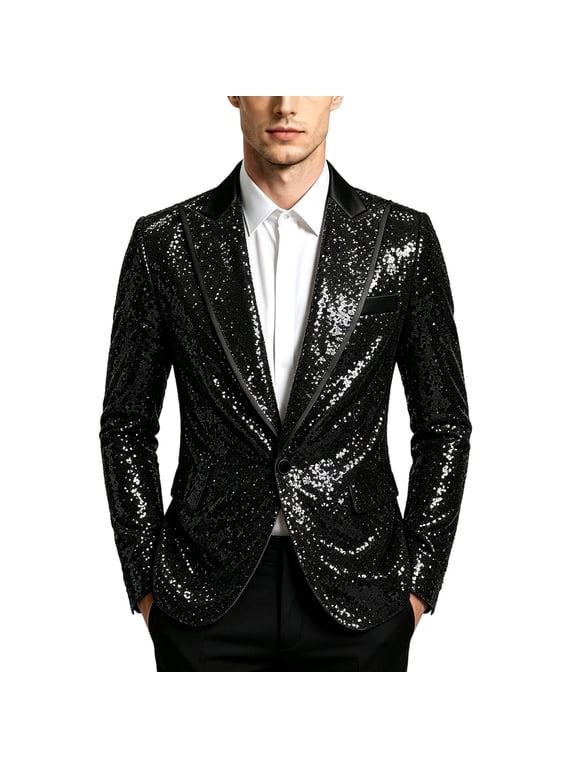 Sequin Blazer for Men Sparkle Suit Peak Lapel Disco Prom Metallic Jacket Party Shiny Tuxedo Banquet Celebration Fashion Sport One Button Coat Black L