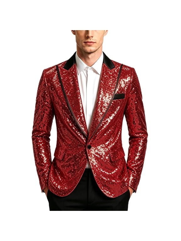 Sequin Blazer for Men Sparkle Suit Peak Lapel Disco Prom Metallic Jacket Party Shiny Tuxedo Banquet Celebration Fashion Sport One Button Coat Red M