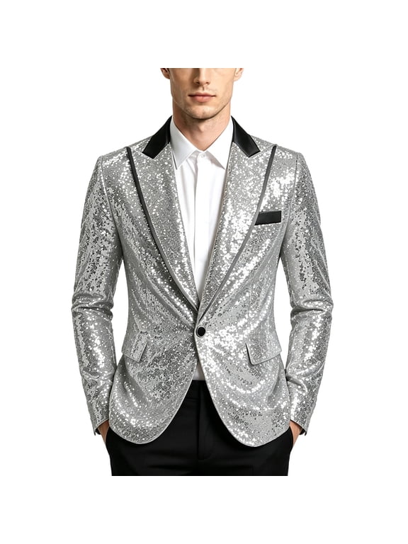 Sequin Blazer for Men Sparkle Suit Peak Lapel Disco Prom Metallic Jacket Party Shiny Tuxedo Banquet Celebration Fashion Sport One Button Coat Silver S